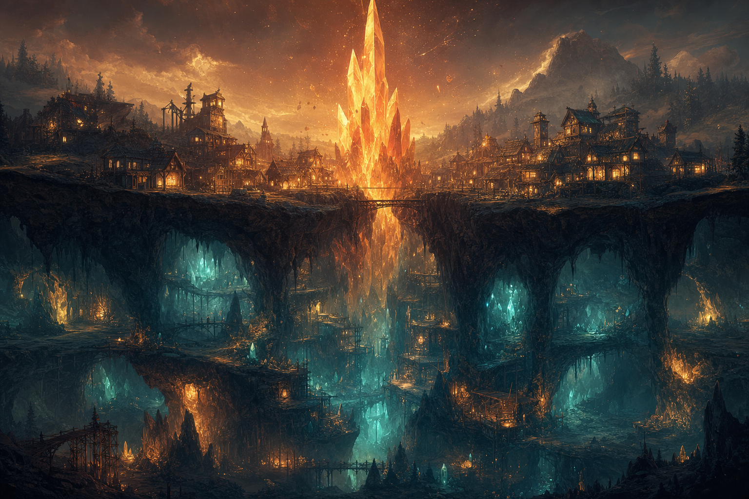 Original concept art evoking Emberville — a frontier town above a crystal-lit underground dungeon